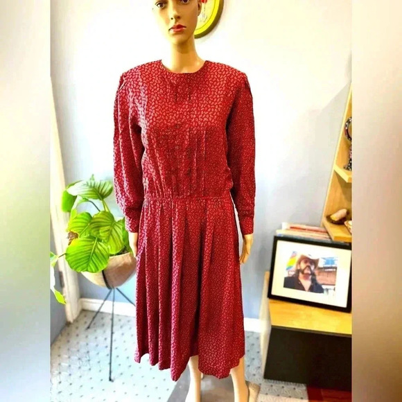 Vintage 1980s blue Red Lanz Original paisley Academia Secretary Midi Dress Sz - Picture 3 of 11